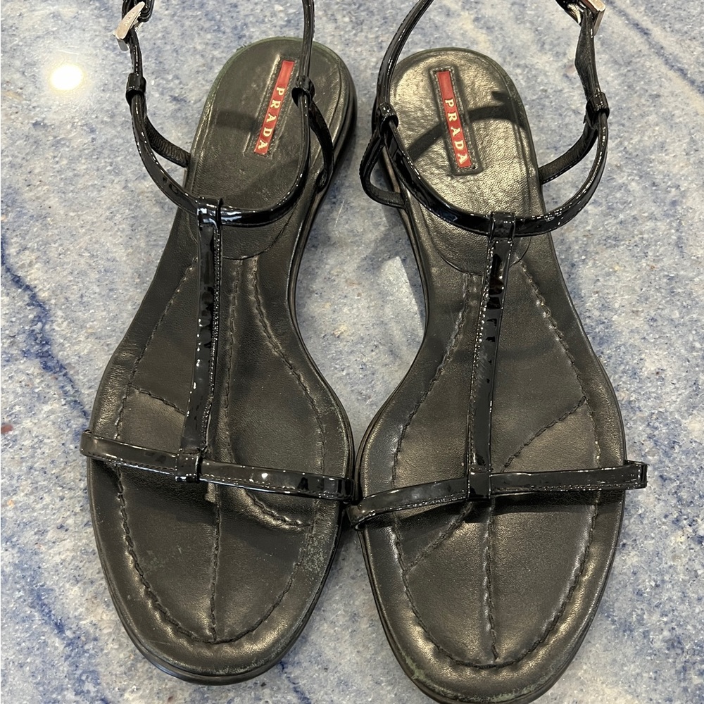 Prada Sport T Strap Slingback Sandal Black Patent Leather Women’s Sz 11 / 41